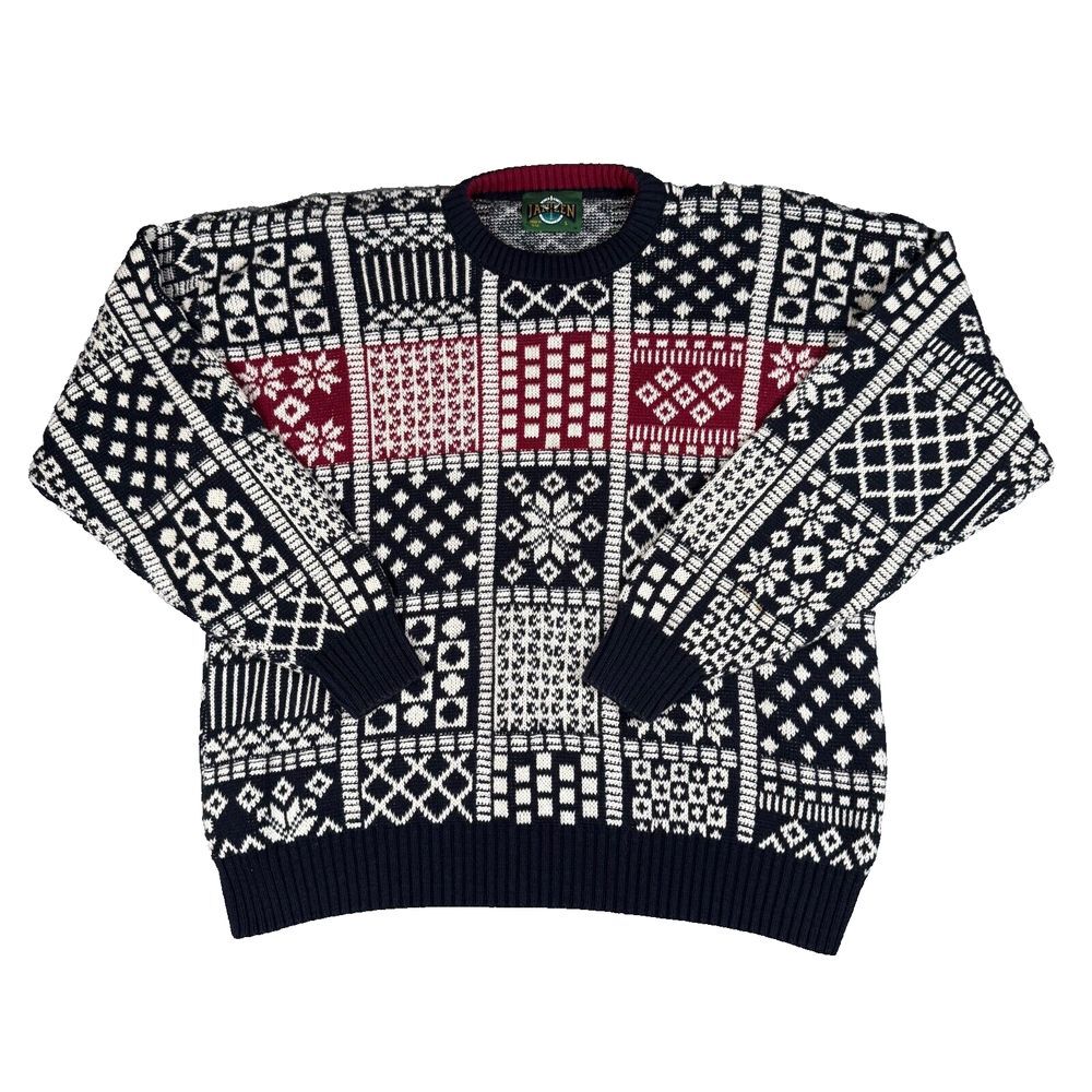 Vintage Jantzen Sweater Mens Large‎ Blue Red Fair Isle Knit Crew Neck USA